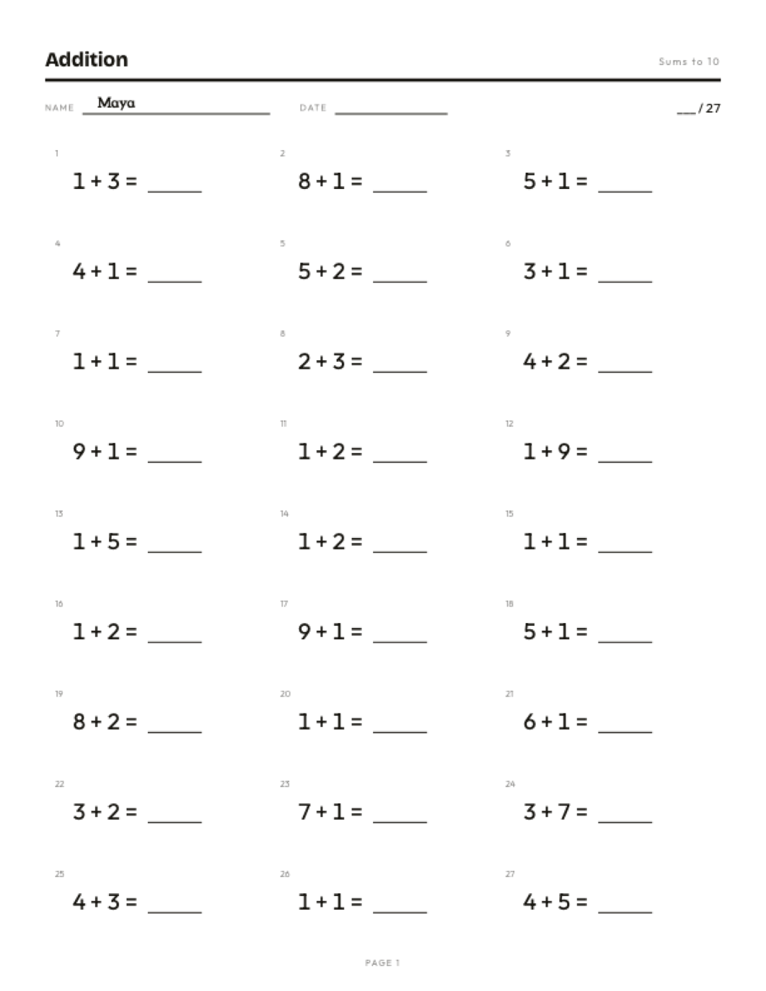 Five printable worksheets generated by the app: addition, multiplication, telling time, fractions and area