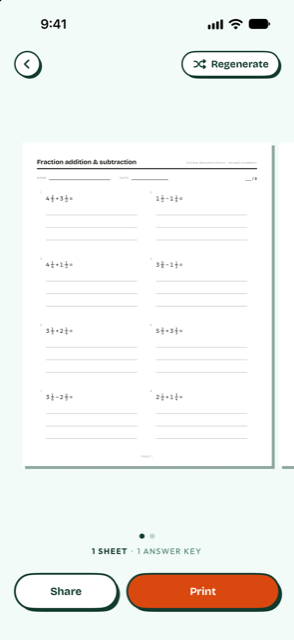 The generated worksheet in preview, with one sheet and one answer key ready to print