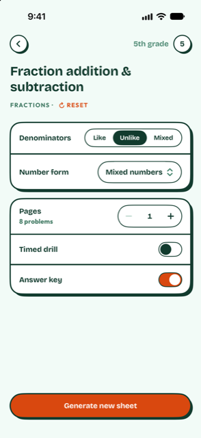 The settings for fraction addition and subtraction: denominators, number form, pages, timed drill and answer key