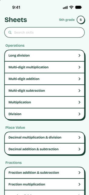 Math Sheets Unlimited listing the fifth-grade skills, grouped by strand